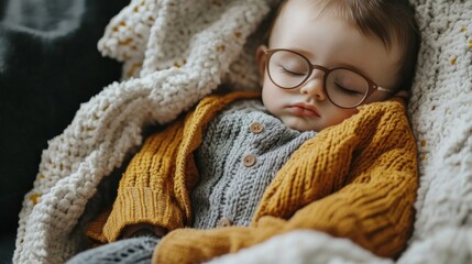 Wall Mural - A Baby Wearing Glasses Asleep in a Blanket