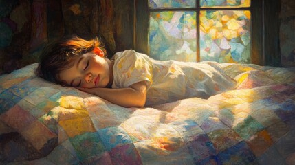 Wall Mural - A Young Child Asleep in a Sunlit Room with a Patchwork Quilt