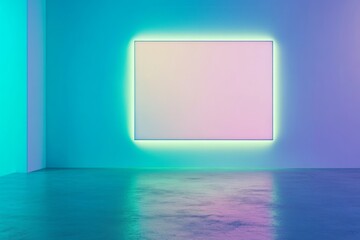 Poster - Empty room with a glowing pink rectangle on a blue wall.