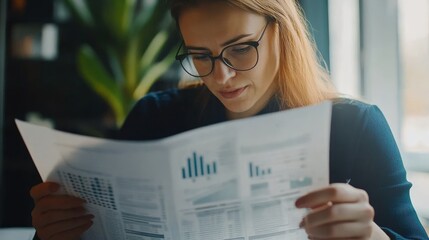 Canvas Print - A focused woman with glasses reads a report, analyzing data charts in a well-lit.