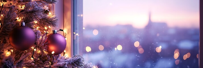 A luxurious window decorated with festive lights, showing a beautiful snowy cityscape in the distance, isolated on a soft lavender background, room for text