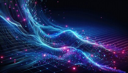 Hyper-Realistic Digital Data Stream Artwork: Futuristic Neon Design Featuring Dynamic Flowing Waves, Interconnected Lines, Glowing Nodes, and Motion Blur in a Dark, High-Tech Setting