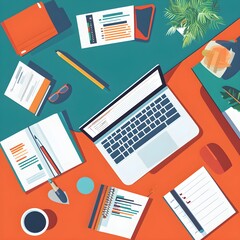 Poster - Top View Flat Lay Workspace Desk with Laptop  Papers  and Pencils