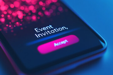 event invitation displayed on smartphone screen with vibrant background, inviting users to accept. c