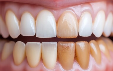 An informative image of isolated teeth, illustrating clean and dirty versions side by side, emphasizing the significance of dental hygiene in avoiding bacterial buildup