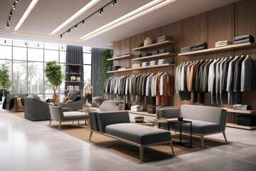 Wall Mural - Modern showroom with suits, furniture, and plants.