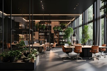 Wall Mural - Modern office interior with plants and large windows.