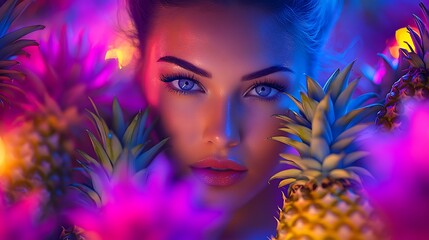 Generative AI Image of Beautiful Gracefully Woman Standing with Fresh Pineapple and Glowing Light