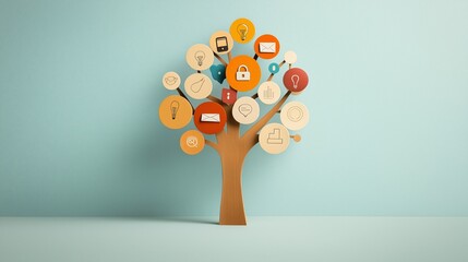 Poster - The Growth Tree: A conceptual illustration of a tree with colorful circles representing various ideas, innovations, and growth.  Perfect for illustrating business growth, innovation, and expansion.