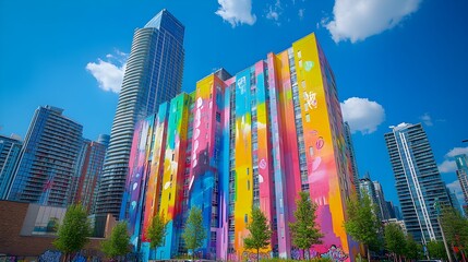 Graffiti exploding in color at the base of sleek urban towers, merging the raw expression of street art with modern city elegance