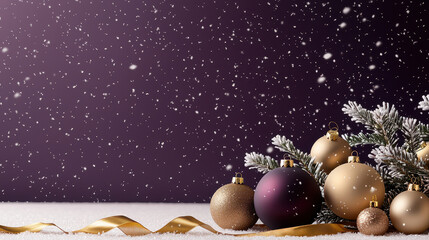 Festive arrangement of Christmas ornaments and snowy pine branches on a purple background, creating a holiday atmosphere