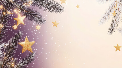 Poster - Festive gold stars and snowflakes against a soft purple background with evergreen branches, perfect for holiday and winter themes