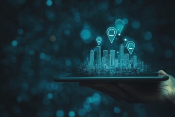 Poster - A hand holding a tablet with a futuristic cityscape and location markers.