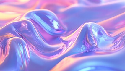 Poster - holographic background with iridescent shapes and wavy lines in pastel blue, purple, and pink