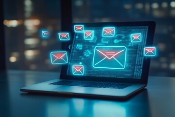 Poster - Laptop with glowing email icons on screen, representing communication and digital correspondence.