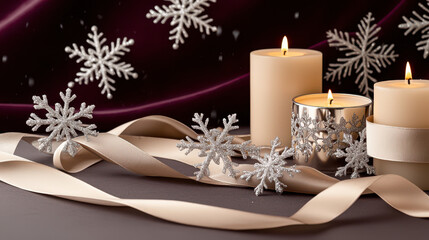 Poster - Elegant winter-themed setup with white candles, sparkling snowflakes, and satin ribbon against a dark purple background
