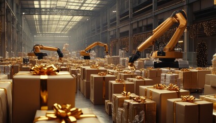 Poster - Robotic arms working in a warehouse, packing and preparing gifts for the holiday season.