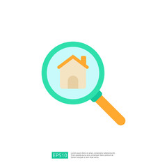 Poster - A magnifying glass focusing on a simple house icon, symbolizing the search for homes or real estate information.