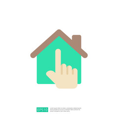 Poster - A stylized graphic of a house with a hand pointing at it, symbolizing home interaction or selection.
