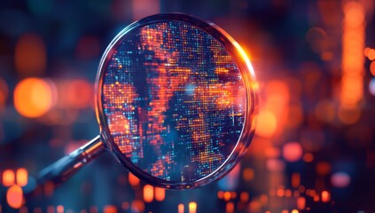 Poster - A magnifying glass reveals a digital world, showing complex circuitry and glowing lights, highlighting the intricacies of technology.
