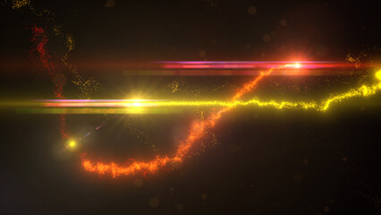 Wall Mural - Yellow and Orange Wavy Light Lines Crossing Turbulence Particles and Lens Flares, Widescreen 4K Resolution