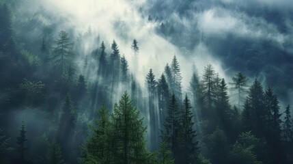 A forest with a thick fog covering the trees