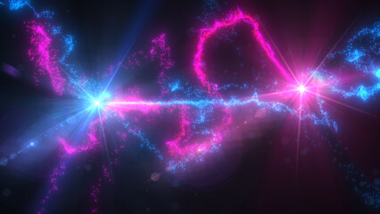 Wall Mural - Blue and Pink Wavy Light Lines Crossing Turbulence Particles and Lens Flares, Widescreen 4K Resolution