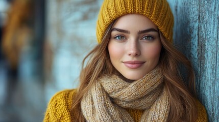 Woman Wearing Yellow Knitted Hat and Scarf