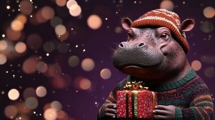 A hippo in a festive sweater and beanie holds a gift, standing against a dark purple background with bokeh lights. Cheerful Happy New Year visual with copy space