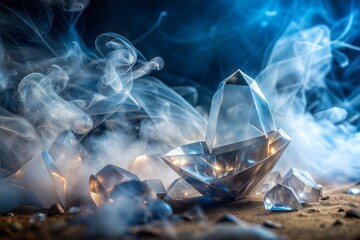 Canvas Print - shiny crystals in smoke texture with blue background