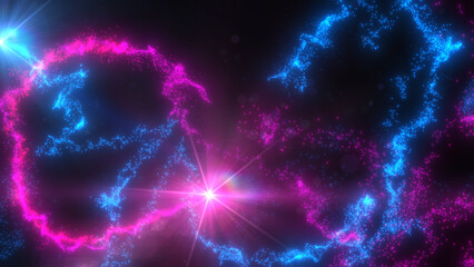 Wall Mural - Blue and Pink Wavy Light Lines Crossing Turbulence Particles and Lens Flares, Widescreen 4K Resolution