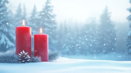 Wall Mural - Glowing red candles in snowy pine forest, a serene winter holiday scene 