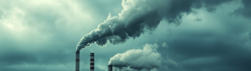 Industrial factory with smoke stacks emitting plumes of smoke into the sky, environmental impact and sustainability