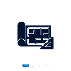 Poster - A blueprint or architectural plan featuring a maze-like layout and a triangular ruler, indicating design and planning processes.