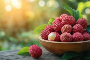 Sticker - Fresh lychees resting in wooden bowl on blurred background