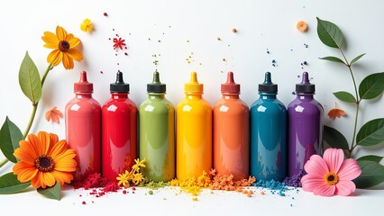 Poster - The bottles are of different colors, including red, yellow, blue, and purple