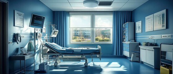 A glimpse into a sterile hospital room with organized medical supplies.