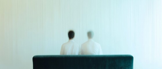 Aufkleber - Ethereal Couple in White on Velvet Couch with Abstract Symmetry and Blurred Motion