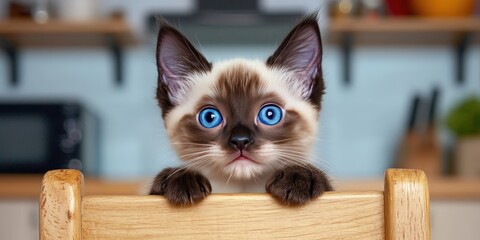 Adorable Blue Eyed Kitten Peeking Over Chair in Kitchen