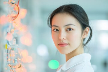 Poster - Innovative Asian Female Scientist in High-Tech Laboratory with Space Equipment