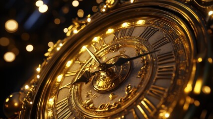 Wall Mural - Golden Clock with Festive Lights.