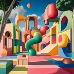 Wall Mural - whimsical geometric playground in a surreal futuristic landscape