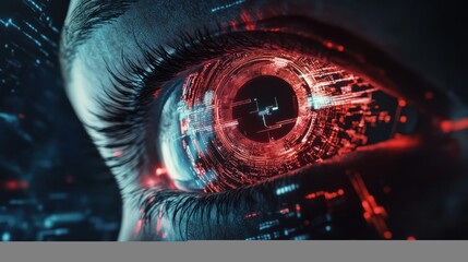 Poster - hacker or ai robot eye in dark tech space, cyborg vision on digital background. concept of cyber sec