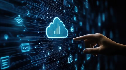 Poster - hand touching a digital screen with icons of technology and online network connection, cloud storage