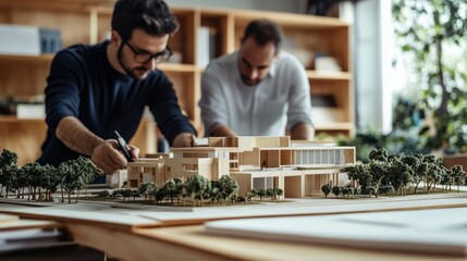 Two architects working on a detailed building model surrounded by greenery.