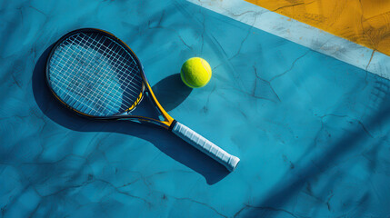 Tennis Court Still Life: A sleek tennis racket and a vibrant yellow tennis ball rest on a cool blue court, bathed in sunlight.  The image evokes a sense of calm anticipation before a match. 