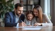© Johannes - Happy young family at meeting in office signs document on purchase of real estate or loan agreement. Head of bank, realtor or financial advisor submits contract and indicates place of its signing..