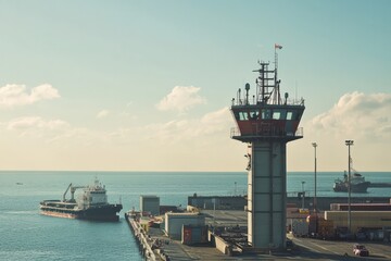 Depict a port's control tower overseeing maritime traffic. Highlight the importance of communication and navigation in port management, Generative AI 