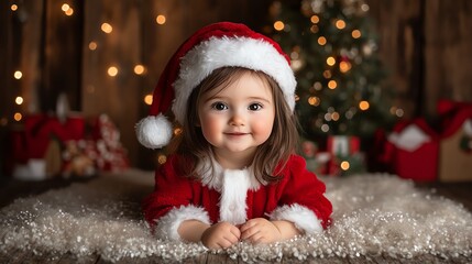 Joyful child in Santa hat, festive spirit, Christmas tree in background, soft light.