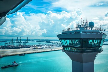 Depict a port's control tower overseeing maritime traffic. Highlight the importance of communication and navigation in port management, Generative AI 